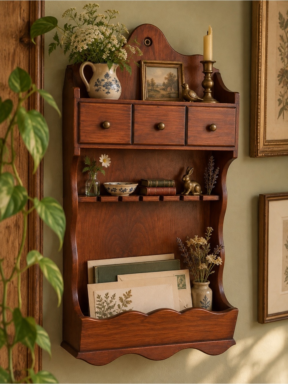 Vintage Wooden Wall Shelf + Drawer Organizer
